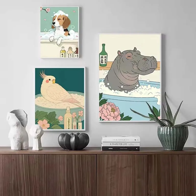 حيوانات لطيفة في ملصقات الدش على الطراز الياباني عمل فني مريح يطبع ملتوية للحمام من القماش صور جدارية لديكور المنزل والحمام