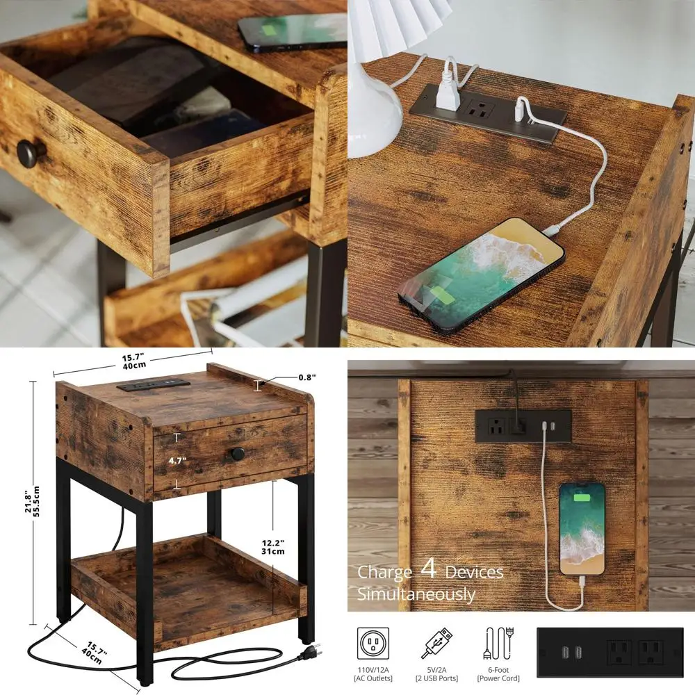 

Винтажная коричневая прикроватная тумбочка с зарядной станцией, выдвижным ящиком и полкой для спальни и гостиной, простая сборка, устойчивая конструкция.