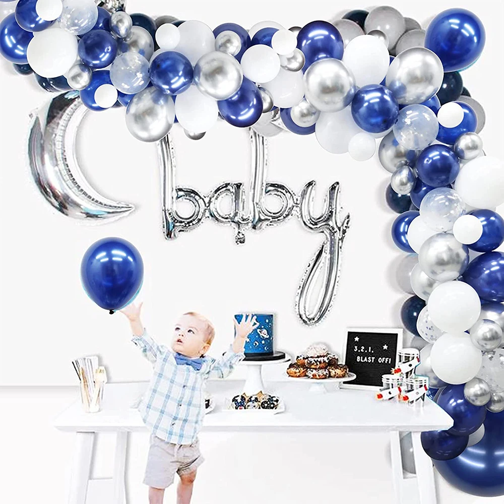 122Pcs Navy Blue White Ballon Garland Arch Kit Metallic Silver Confetti Balloons Birthday Party Wedding Bridal Baby Shower Decor