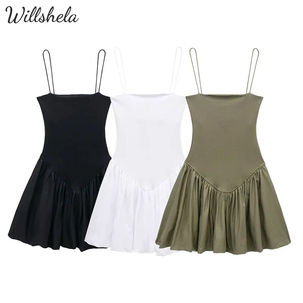 Willshela Women Fashion Solid Cotton Satin A-Line Puffy Mini Camisole Dress Square Neck Female Chic Lady Casual Short Dress