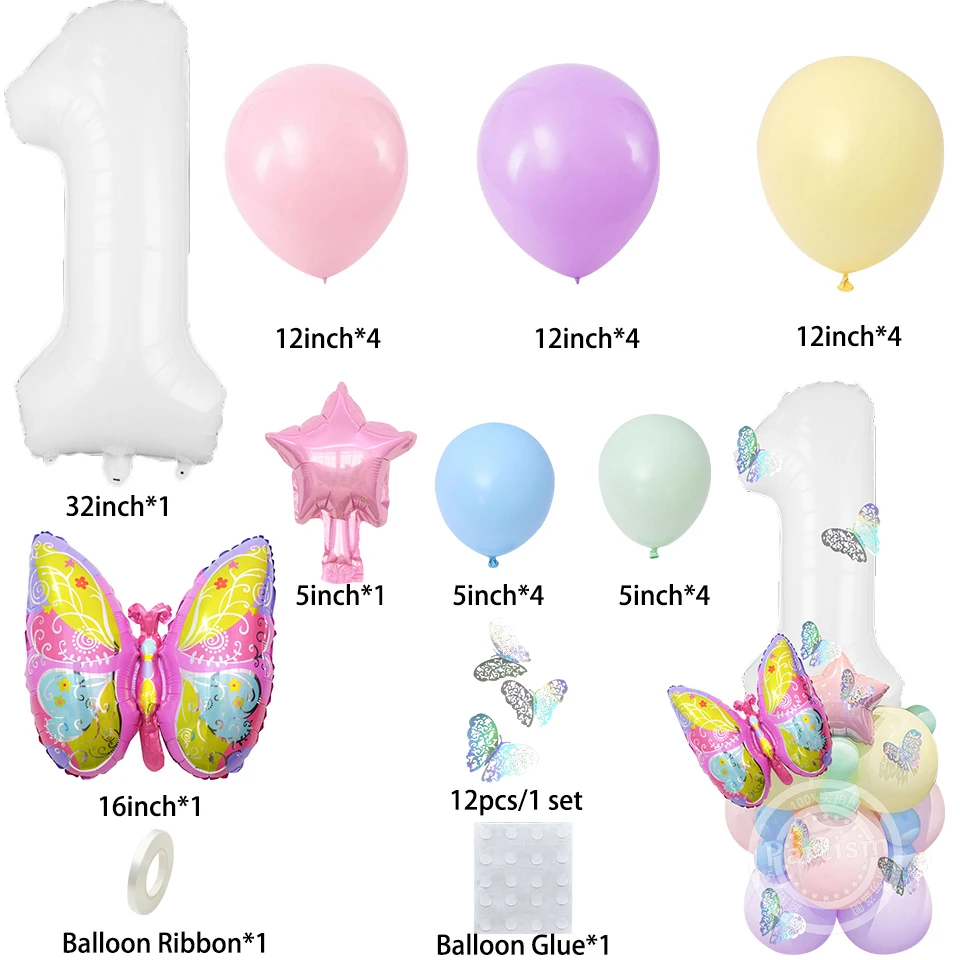 37pcs Carton Butterfly Balloon Tower with White Foil Number Balloon for Girl's Butterfly Themed Birthday Party Decorations