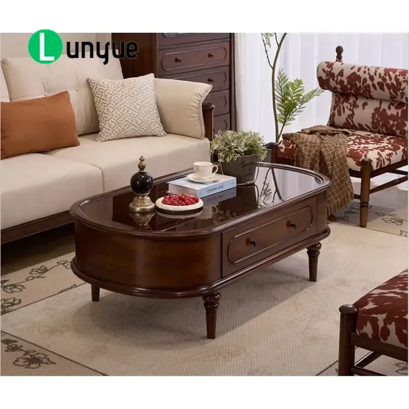 Classic Vintage Solid Wood Coffee Table with Glass Top Living Room Furniture Storage Shelf Modern Home Decor Centerpiece