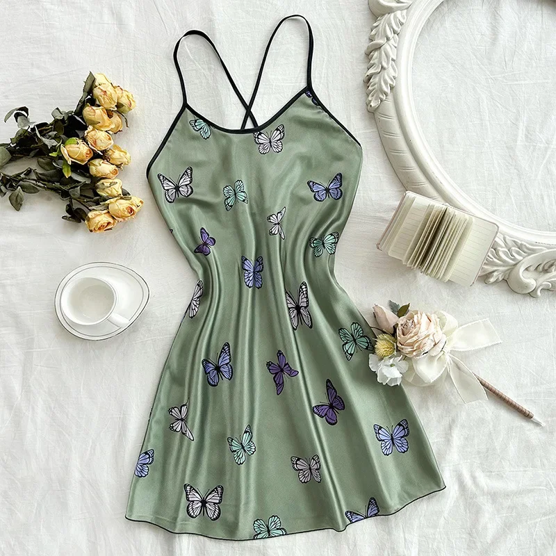 Summer Women's Sleepwear  Backless Nightgown Made of Synthetic Silk with Breathable Printed Patterns and -shaped Straps