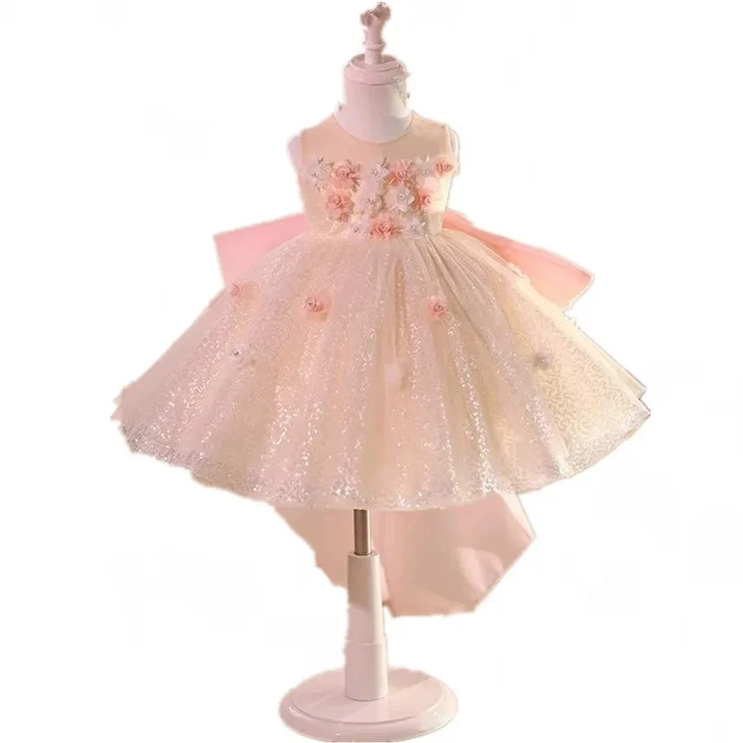 

Customized Pink Flower Girl Dress For Wedding Bow Glitter Sleeveless Knee Length Luxury Kids Birthday First Communion Gown