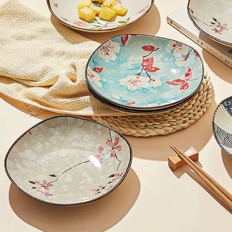 Japanese Cherry Blossom Ceramic Dessert Plate, Home Kitchen Accessories, Cutlery Set, Creative and Cute Plate, Sushi Plate