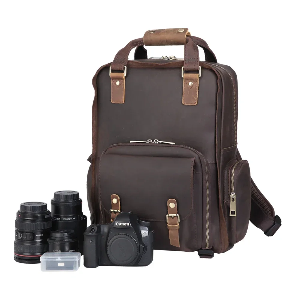 High Quality Latest Design Durable Hiking Travel Real Leather Camera Bag Genuine   Backpack