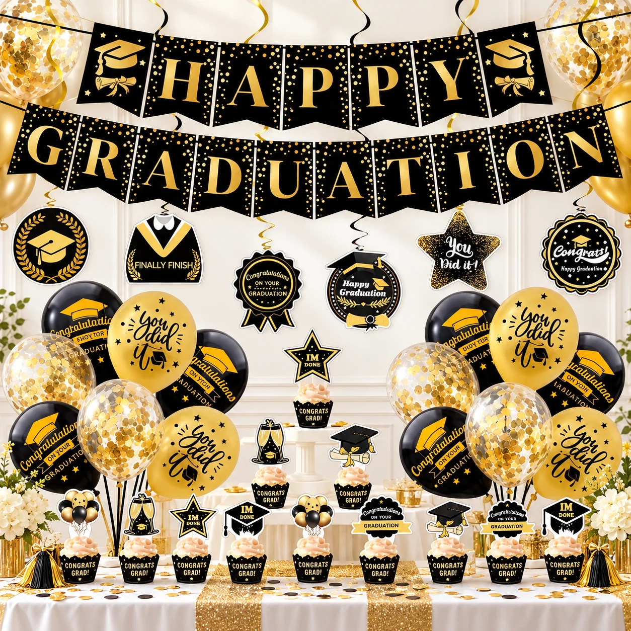 2026 Graduation Party Decoration Kit Congratulations Banner Hanging Swirls Photo Booth Props Class Party Supplies for Graduates