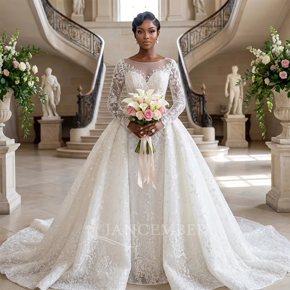 

Customized O-Neck Ball Gown Long Sleeves White Wedding Dress 2026 Floor Length Court Train Lace Up Bridal Gown robe de mariée