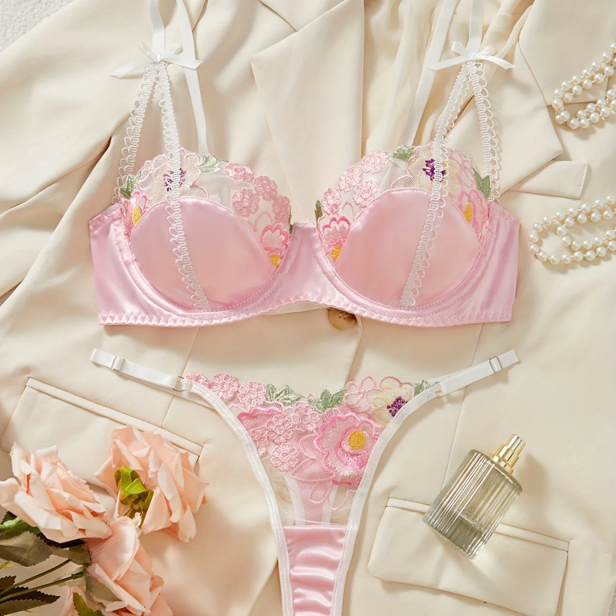 Pure Desire Embroidered Floral Lace Bra Set Comfortable Sexy Underwear Set Low Waist ort Pants Women's Underwear