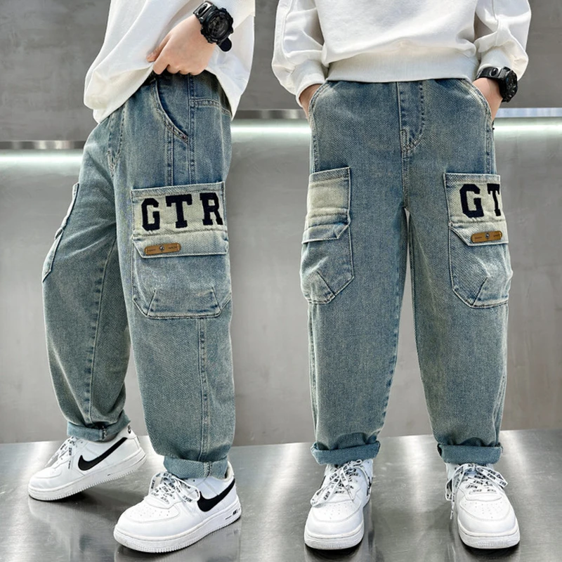 2025 New Autumn Boy Casual Jeans with Pockets Korean Style Fashion Kids Cotton Cargo Denim Pants Children Leisure Jeans Trousers
