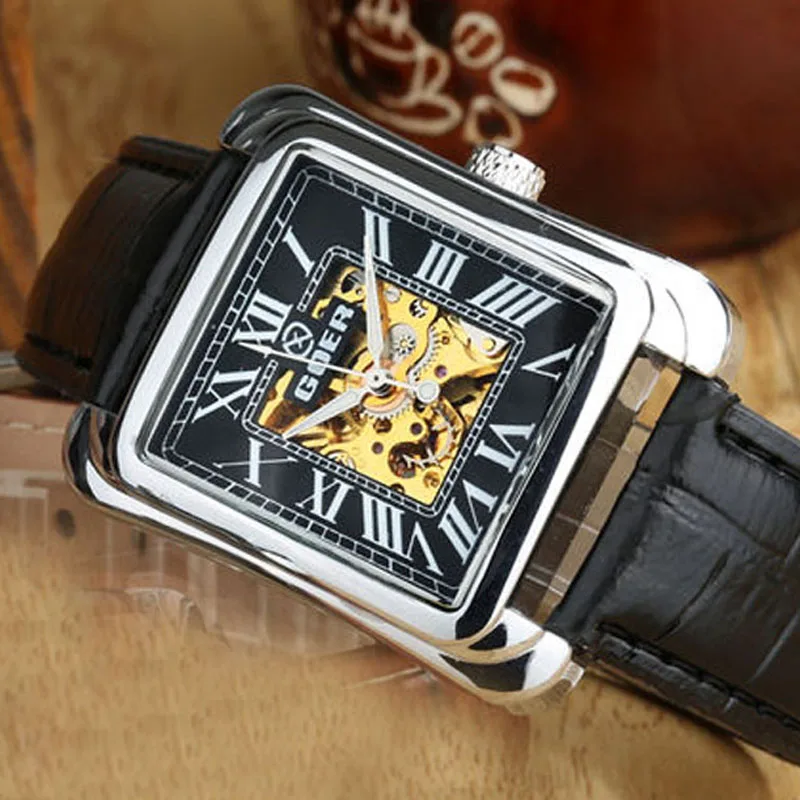 Fashion Square Watch Men Mechanical Watches T-GOER Leather Band Skeleton Automatic Mechanical Wristwatches Relogio Masculino