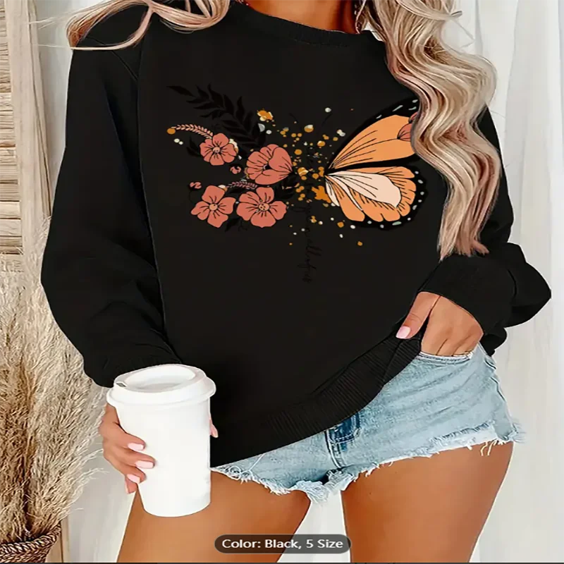 

Женская толстовка с бабочкой и цветочным принтом «Все новые приключения», повседневный пуловер большого размера с графическим принтом, топ для любителей природы, хлопок