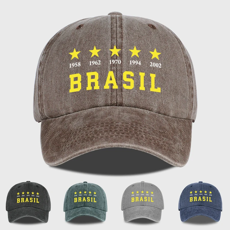 Brasilien 5 Sterne Champions 1958-2002 Baseballkappe für Männer und Frauen, gewaschene, verstellbare Papa-Mütze, Brasilien-Fußball-Fan-Geschenk, Sonnenkappe