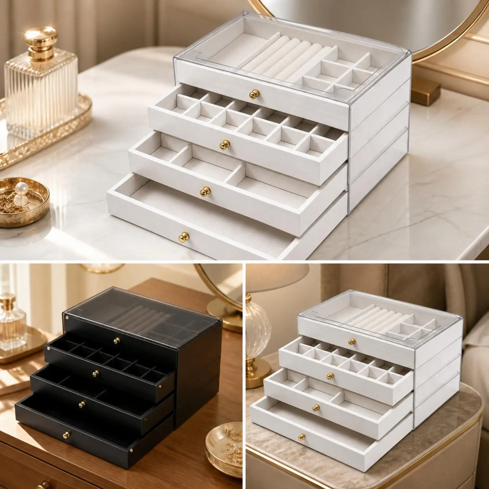 Space Saving Jewelry Organizer Drawer with Flocked Compartments for Earrings Rings Necklaces Vanity Desk Storage Box