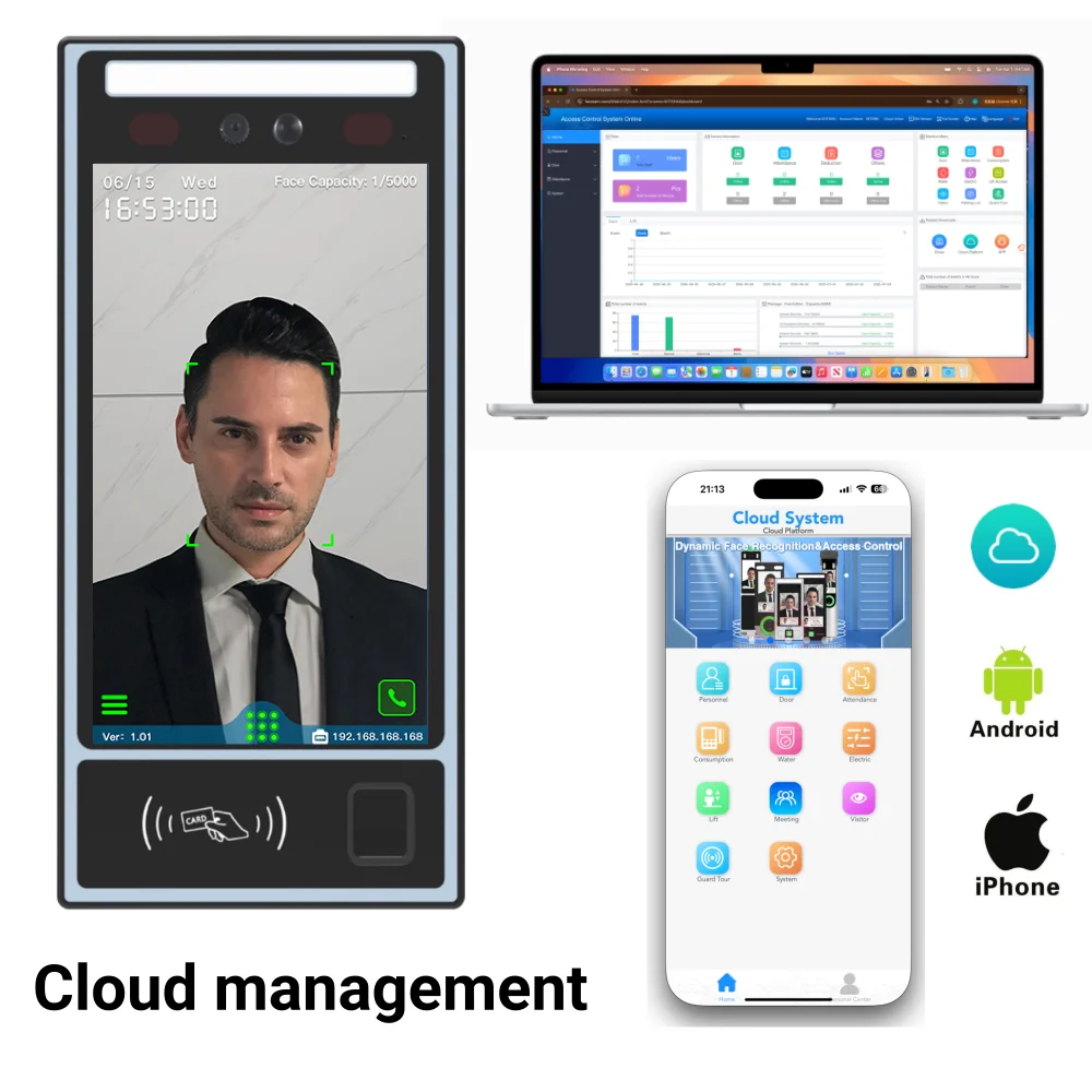 8" multikbiometrisches Zugangskontroll- und Anwesenheitsterminal – Gesichts-Fingerabdruck-Handflächenader, WiFi 4G TCP/IP