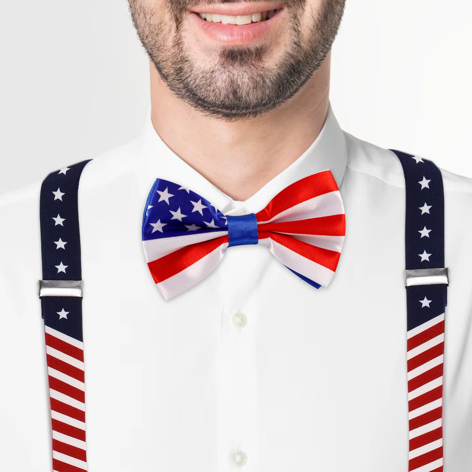 

US Flag Tie Strap Clip Set Us Flag Design Bow Tie Strap Clip Set for Men Independence Day Party Costume Accessories
