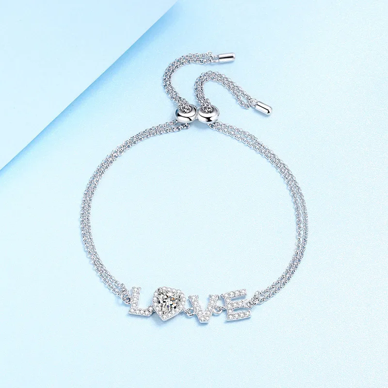 0.5ct Moissanite New S925 Sterling Silver Adjustable Push-pull Heart-shaped Women's Bracelet Valentine's Day Gift