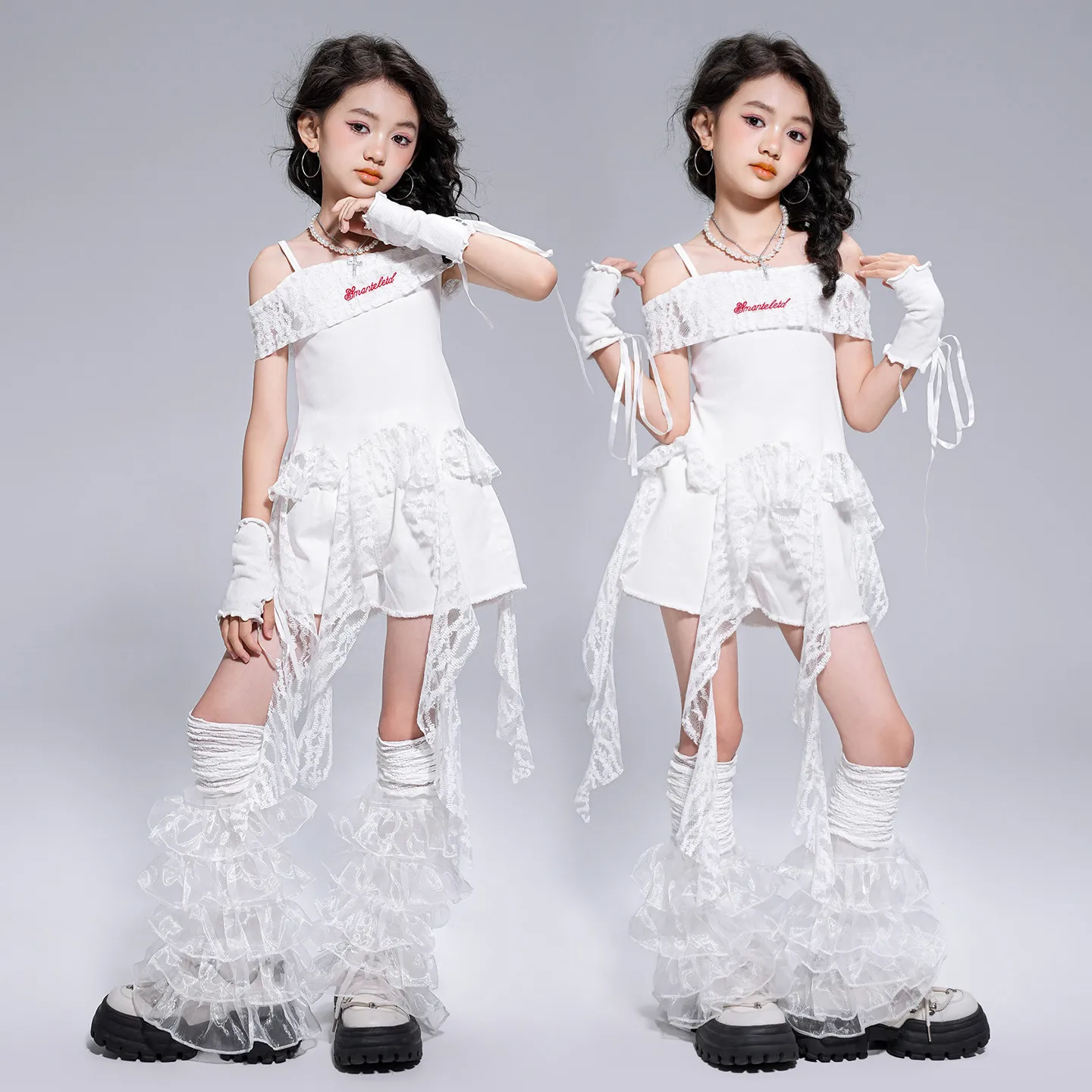 

Kid Kpop Hip Hop Clothing White Off Shoulder Lace Top Casual Distressed Ripped Hem Shorts for Girl Dance Wear Costumes Clothes