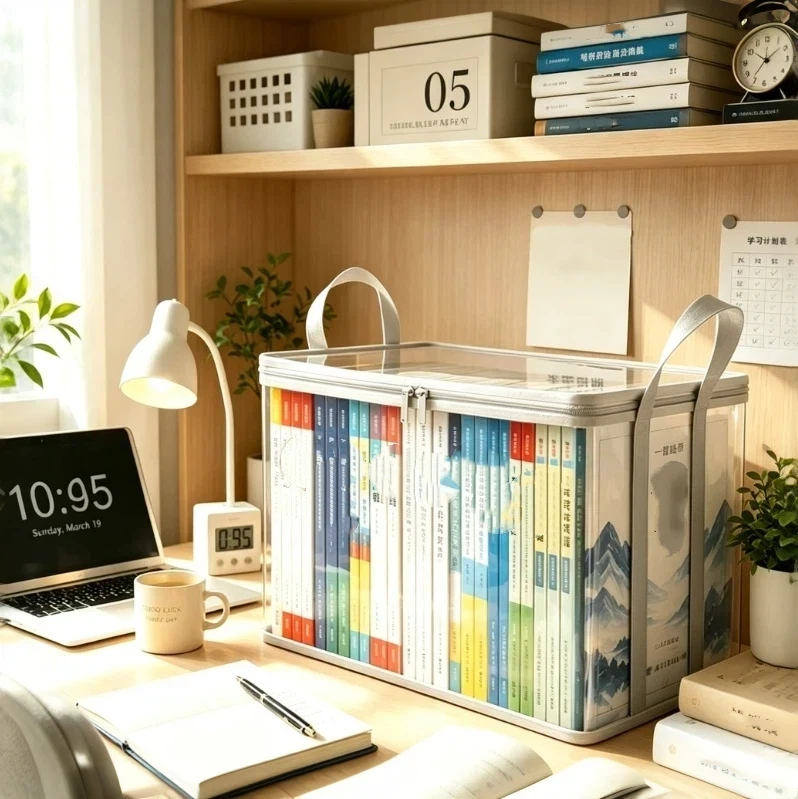 Foldable Waterproof Book Storage Organizer Transparent Stackable for Student Classroom Home Study Use