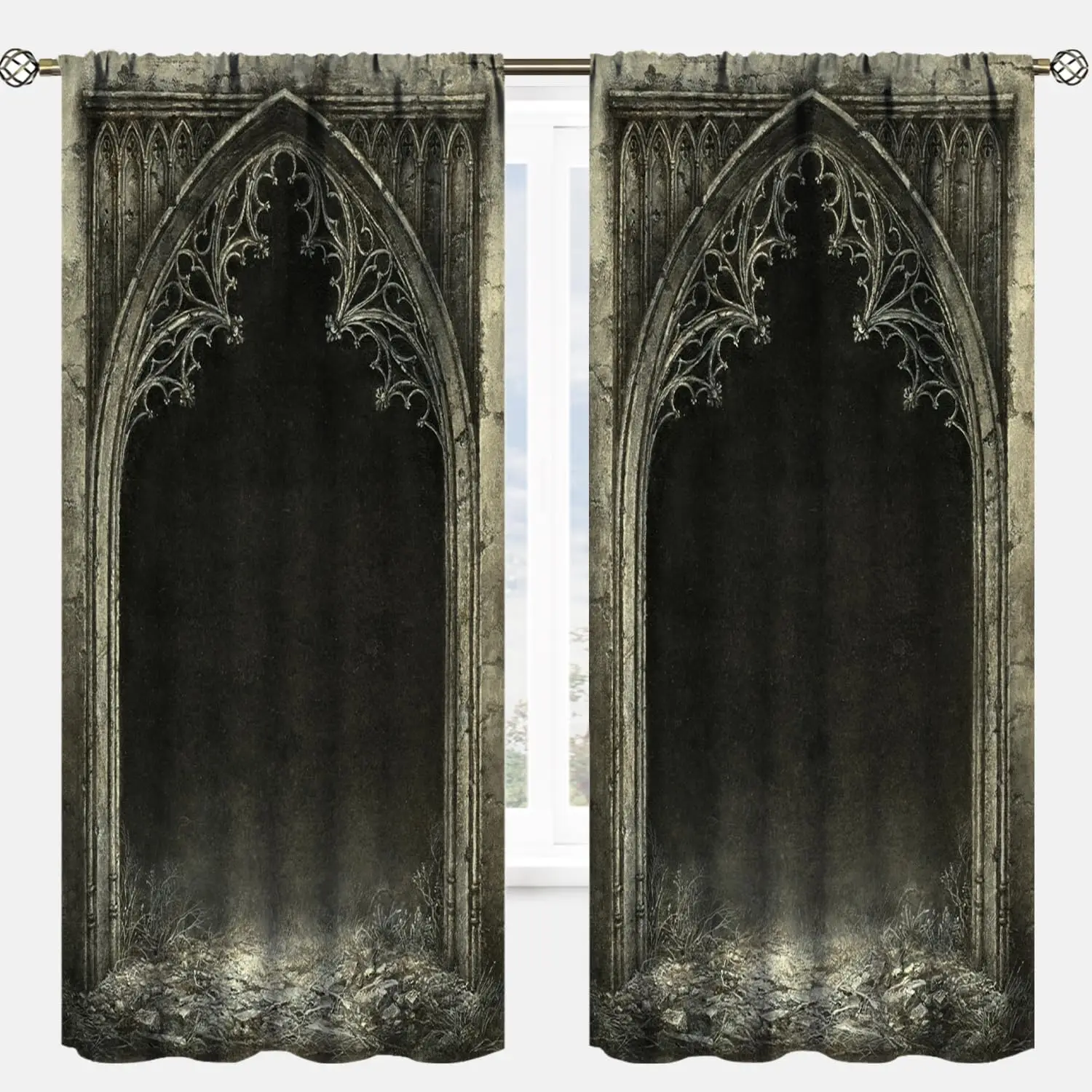 YCness Gothic Dream Curtains, Vintage Gate Classical Palace Dark Black Misty Foggy Medieval Style Mid Century Window Treatments