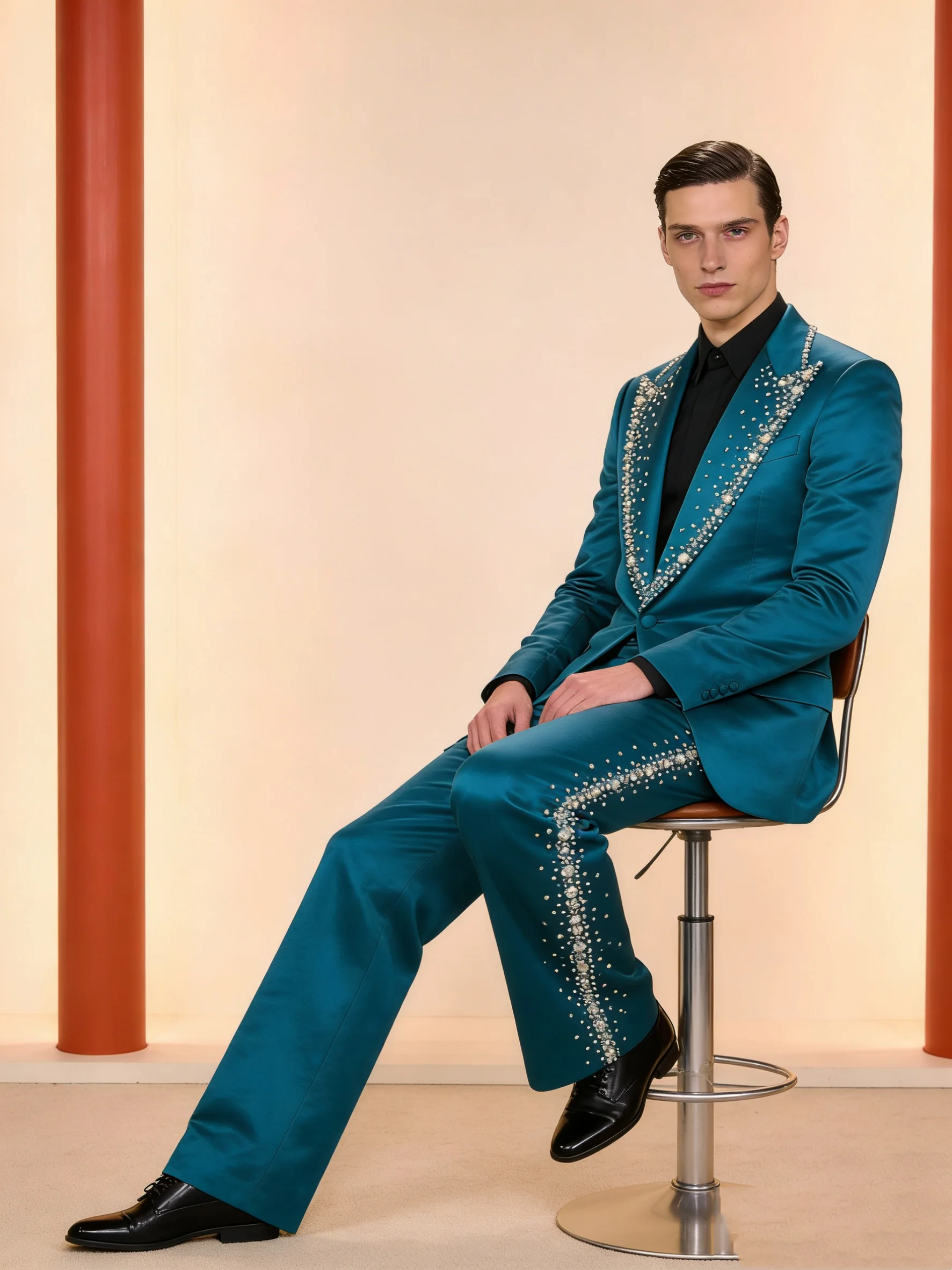 

Blue Satin Men Suit Set 2 Pcs Crystals Blazer+Pants Trousers Wedding Tuxedo Formal Office Business Jacket Coat Customized