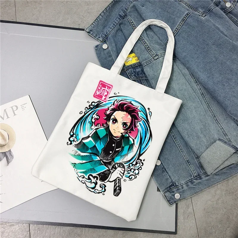 Kamado Tanjirou Anime Demon Slayer Nezuko Canvas Shoulder Tote Bag Handbags Eco Reusable Shopping Bag Vintage Ulzzang Bags