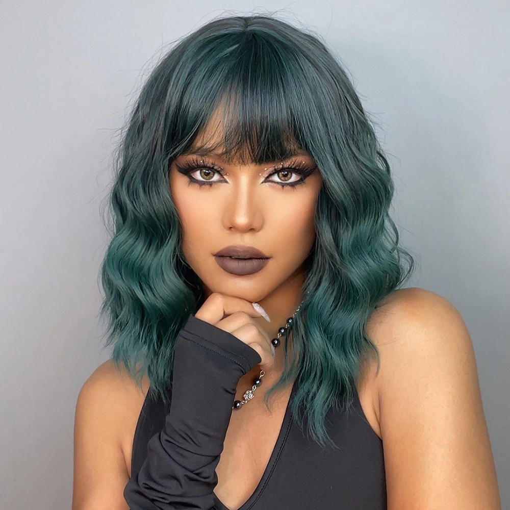 Short Bob Curly Wavy Green Synthetic Wigs with Bangs for Women Afro Cosplay Colorful Natural Hair Wig Halloween Heat Resistant