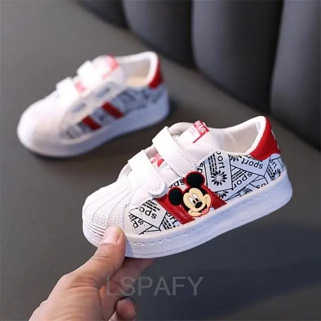 Children\'s White Sneakers Mickey Mouse Toddlers Girls Boys Breathable Lace-up Casual Sport Shoes Kids Tennis 2-6Y Toddler Shoes