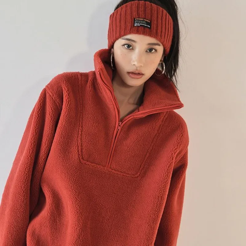 Women's Sweatshirts Fairy Winter Autumn Hoodies Tops Pullover Padded Thickened Flip Collar Pelletized Velvet Simple Loose 6