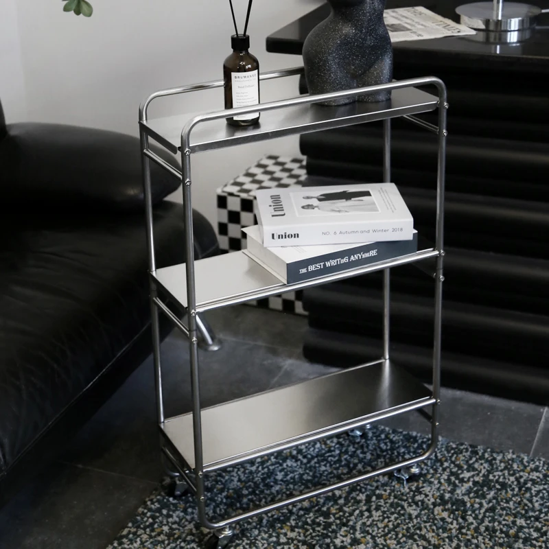 

Stainless Steel Mobile Trolley Living Room Storage Rack with Wheels Island Dining Car Multi-layer Metal Storage Movable Rack