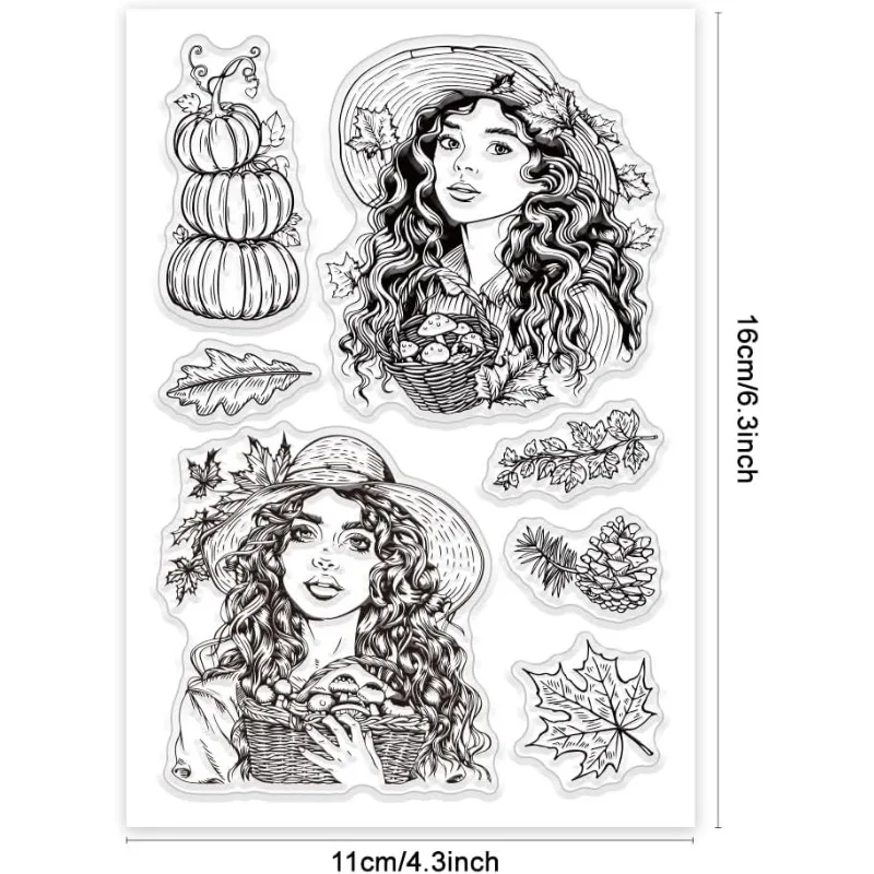 1Sheet Lady Clear Stamps Autumn Pumpkin Silicone Clear Stamp Seals Maple Leaves Transparent Stamps for DIY Scrapbooking Cards