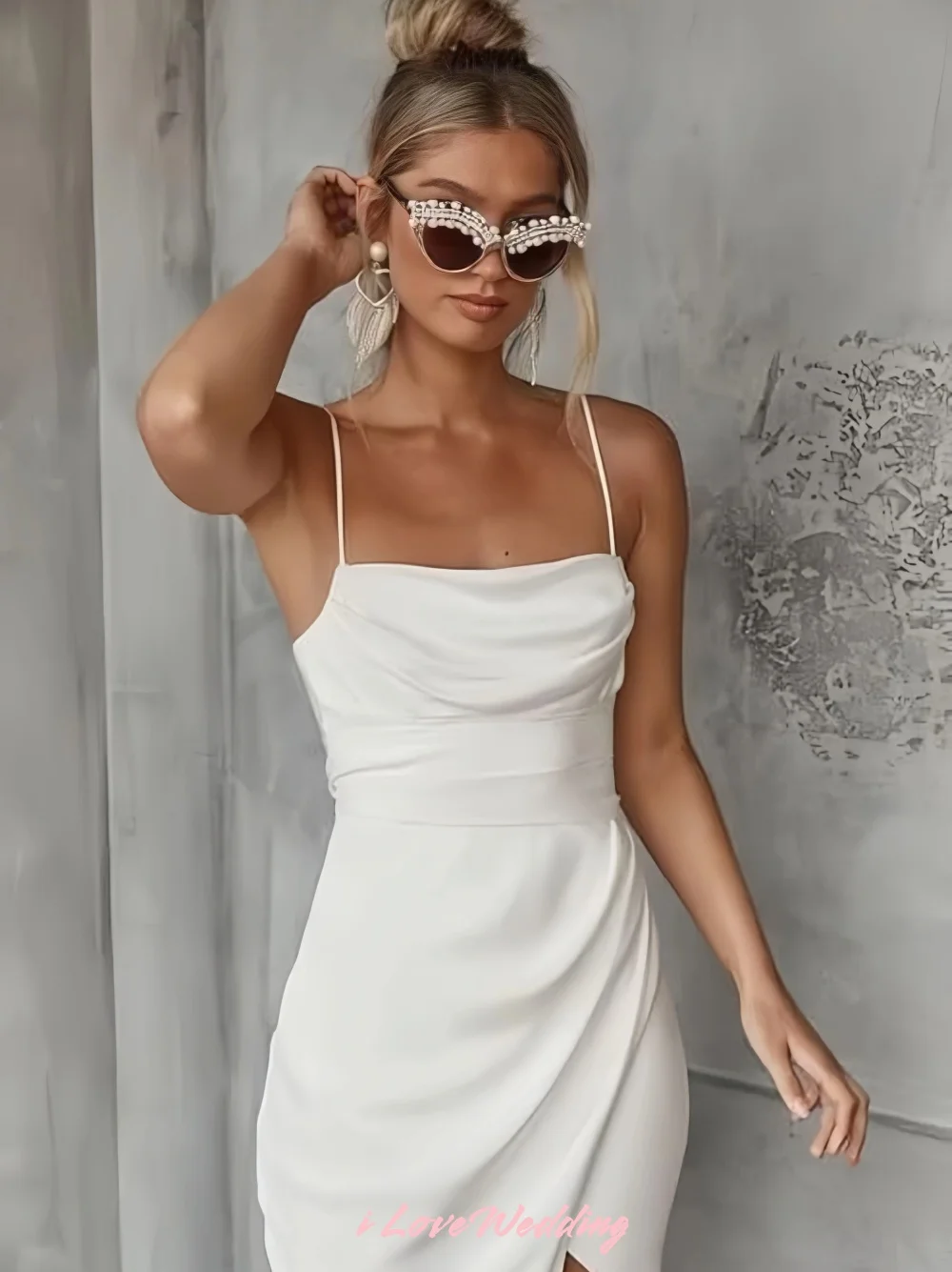 White Spaghetti-Strap Bridesmaid Dresses 2026 Satin Sleeveless Mermaid Backless Criss-Cross Split Wedding Party Dress Customized