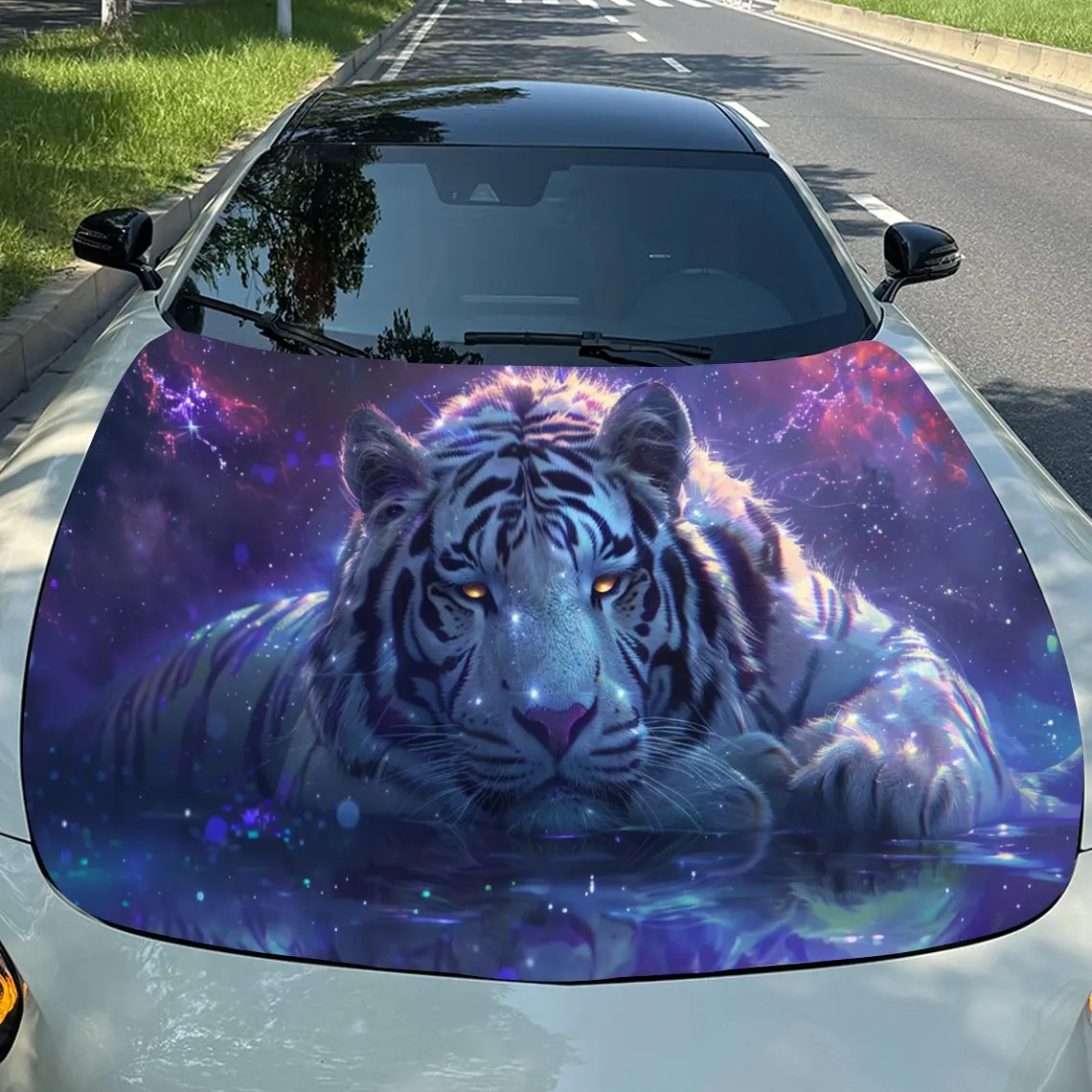 

Serene Nebula White Tiger Car Hood Stickers - Self-Adhesive, Waterproof and Durable Vinyl Wrap, Decorate And Protect Your Car -