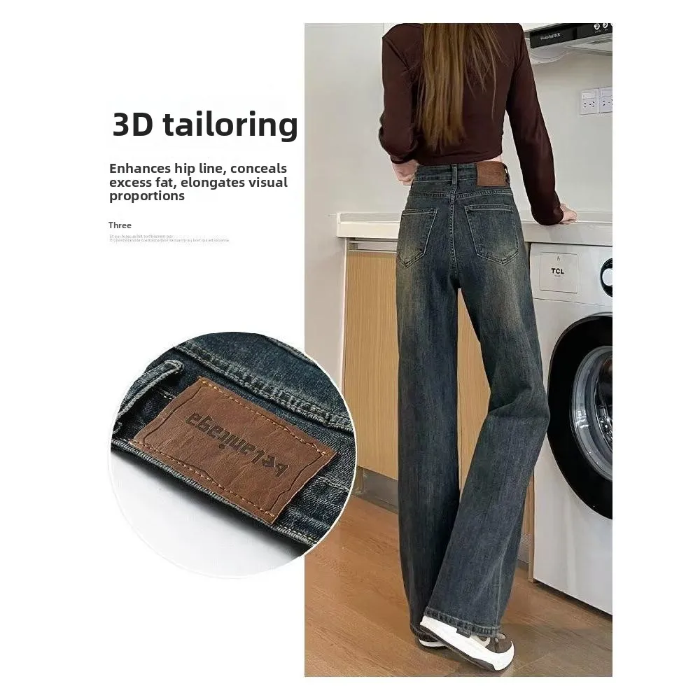 

American Retro Cement Color Slim Straight Jeans Women's High Waist Slimming Long Pants Casual Summer Denim High Waist Straigh...