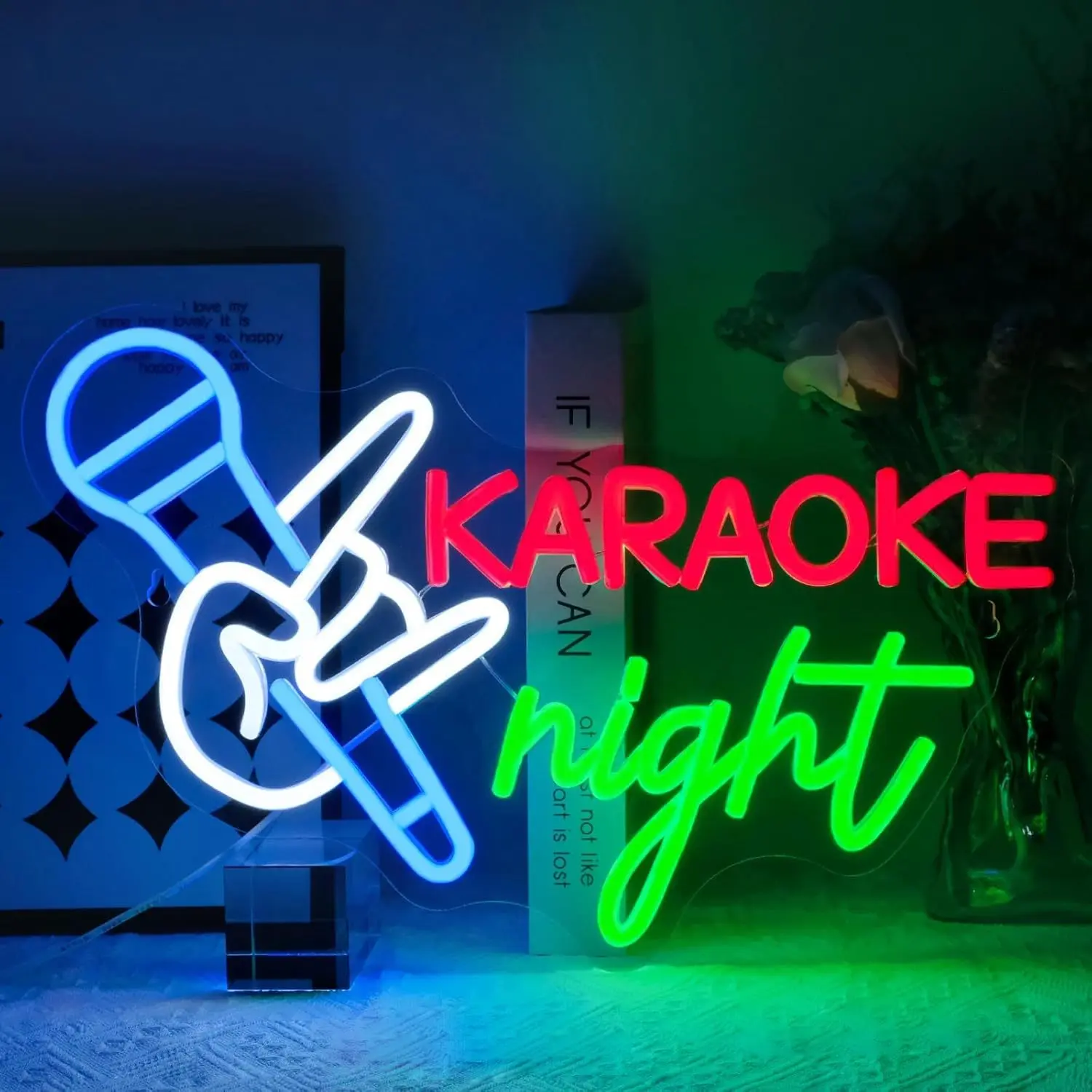 Karaoke Night Neon Sign Microphone Rock Hand LED Colorful USB Powered Dimmable Wall Art for Music Party Bar Room Decor