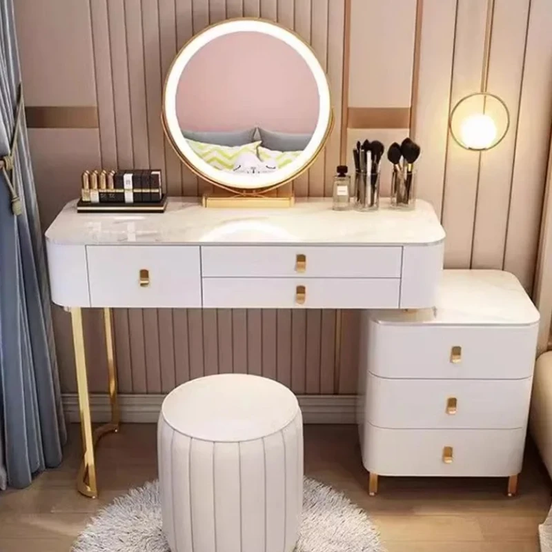 

Modern Luxury Vanity Table Bedroom Handles Storage Stool Vanity Table Mirror Luxury Tocador Maquillaje Salon Home Decoration