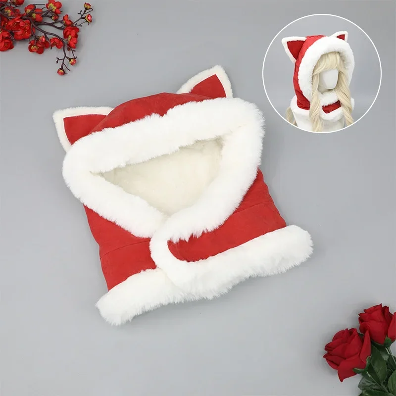 IMU Christmas Handmade Cute Cat Ears Plush Hat Women's Winter New Hat Scarf One Body Thickened Warm Ear Protection Red Hat