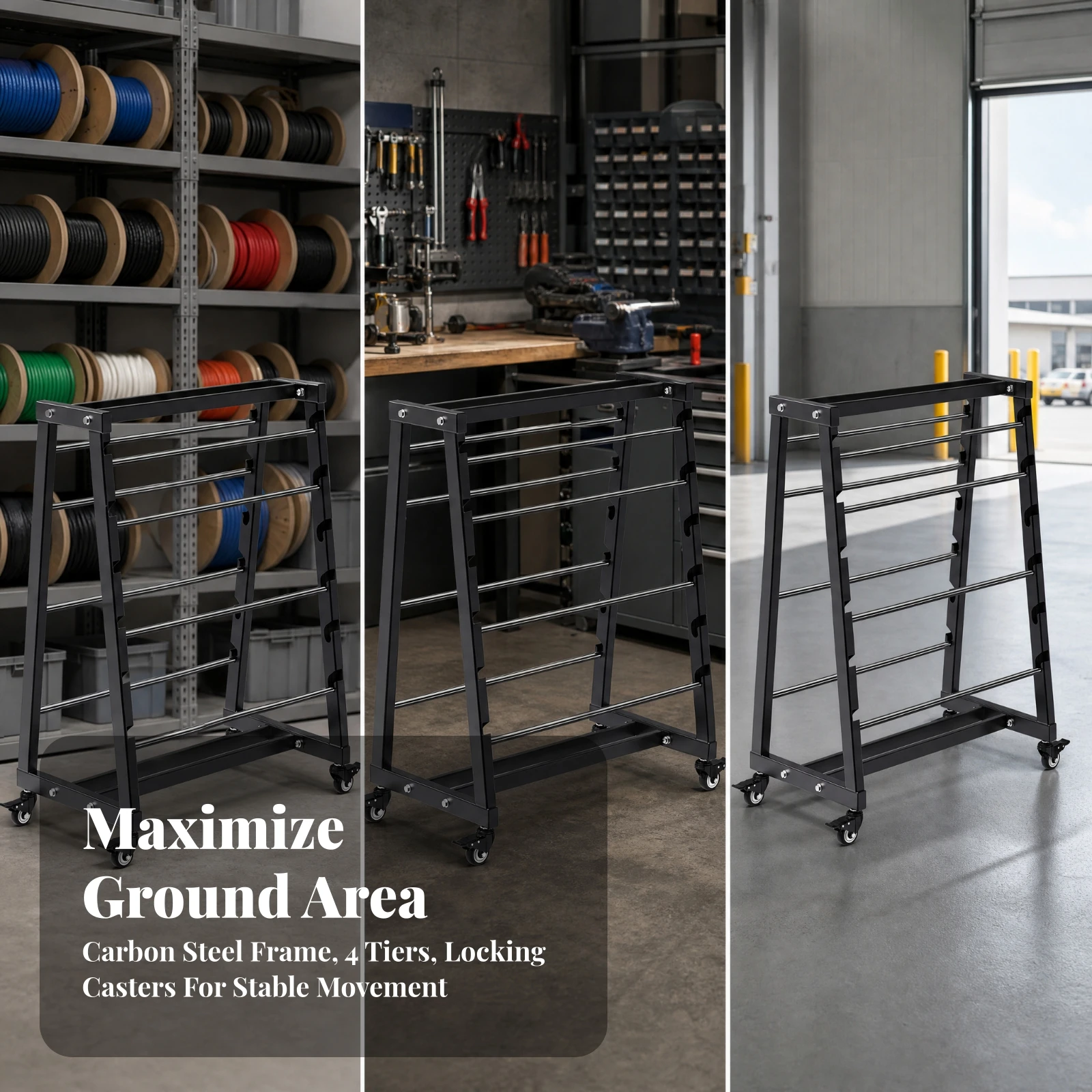 Freestanding Cable Spool Storage Rack Sturdy Four-Tier Spool Rack with Adjustable Rods High Load Capacity Rust-Resistant