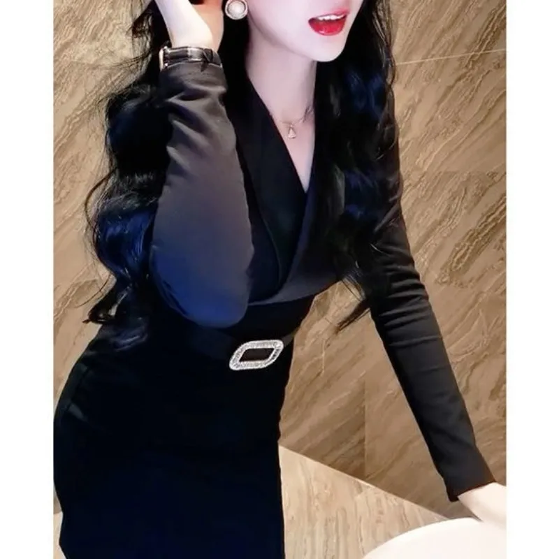 

Spring and Autumn Women's Pullover V-neck Long Sleeve Solid Belt Bodycon Sashes Diamonds Formal Fashion Elegant Sexy Dresses