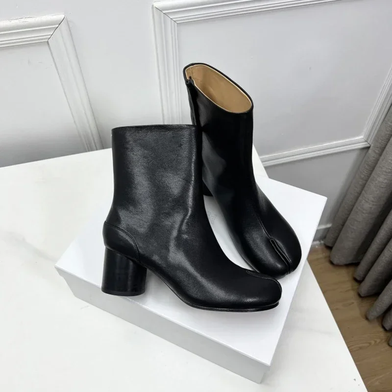 

2024 New Brand Design Fashion Split Toe Genuine Leather Women Chunky Round High Heels Women Boots Winter Tabi Shoes Short Boots