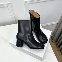 2024 New Brand Design Fashion Split Toe Genuine Leather Women Chunky Round High Heels Women Boots Winter Tabi Shoes Short Boots