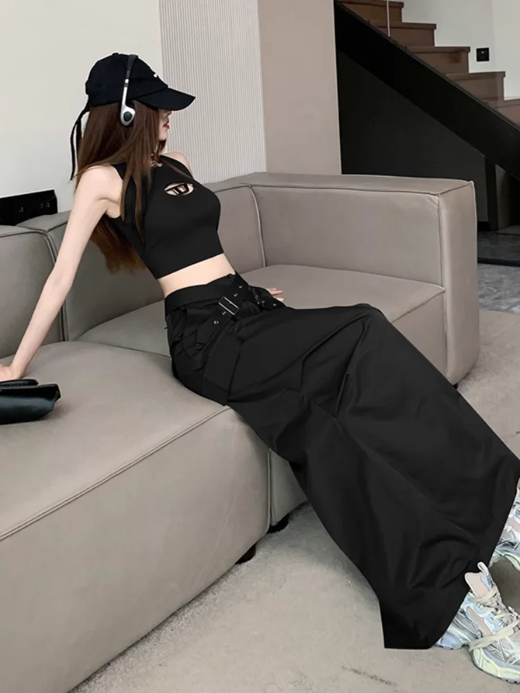 High Quality Cross Belt Cargo Skirt Woman 2024 Fashion Split Long Skirt Y2k Streetwear Solid Color Goth Skirt Women Clothing