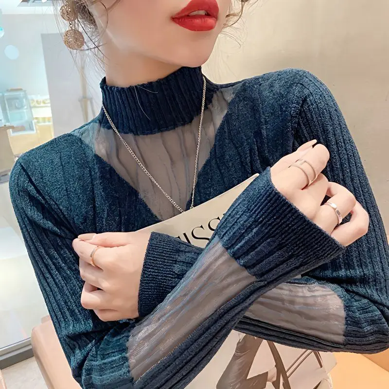 

2026 Spring Autumn Mesh Splicing Knitted Sweater Women's Elastic Slim Turtleneck Long Sleeve Sweater Office Lady Elegant Shirt
