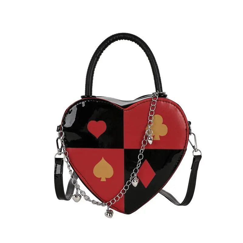 Red Black Yellow Playing Card Heart Shape PU Leather Handle Crossbody Shoulder Bag Handbag Phone Coin Purse  for Girls Women