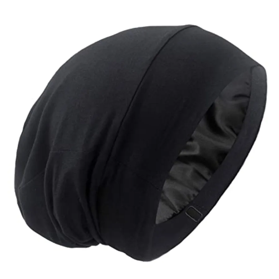 

Silky Satin Lined Bonnet Sleep Cap - Adjustable Stay on All Night Hair Wrap Cover Slouchy Beanie for Curly Protection Women and