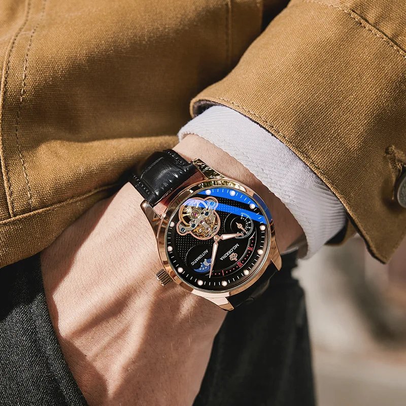 ساعة ميكانيكية أوتوماتيكية على الموضة للرجال ساعات من أفضل العلامات التجارية الفاخرة من الجلد مرحلة القمر ساعة يد توربيون أصلية Reloj Hombre