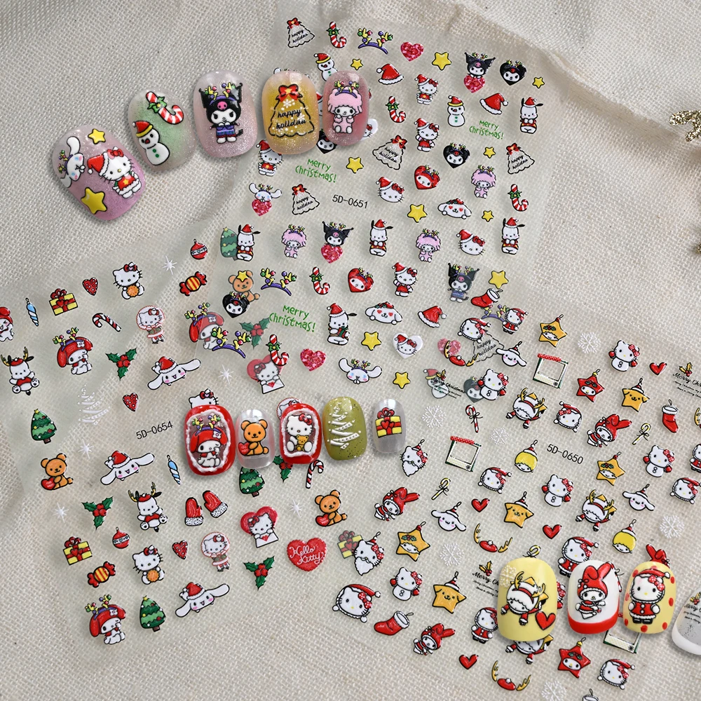 1개 5D 엠보싱 귀여운 크리스마스 헬로키티 네일 스티커 쿠로미 포차코 만화 키티 고양이 새해 네일 장식 액세서리
