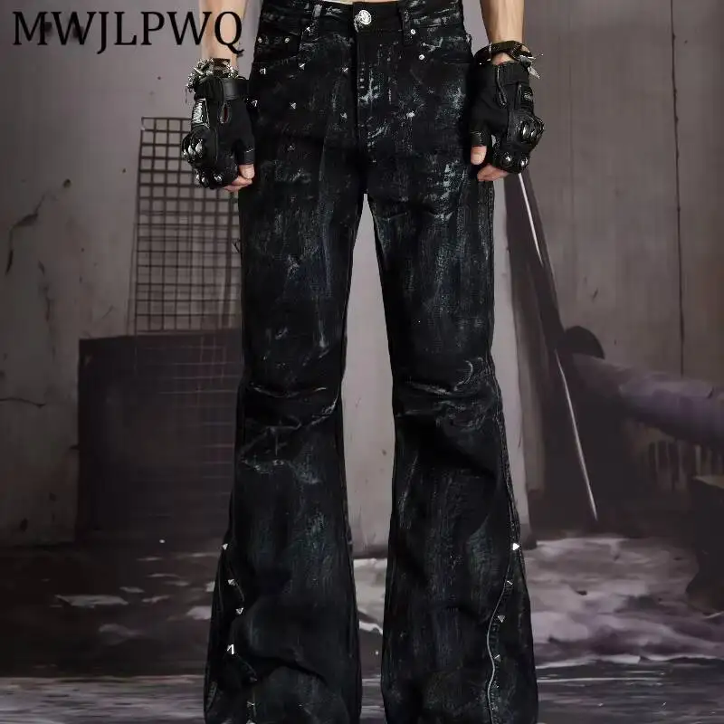 MWJLPWQ Metal Rivet Decor Flare Jeans Unisex Wash Side Contrast Stitch Stack Floor Hem Punk Gothic Street Denim Trousers 17130