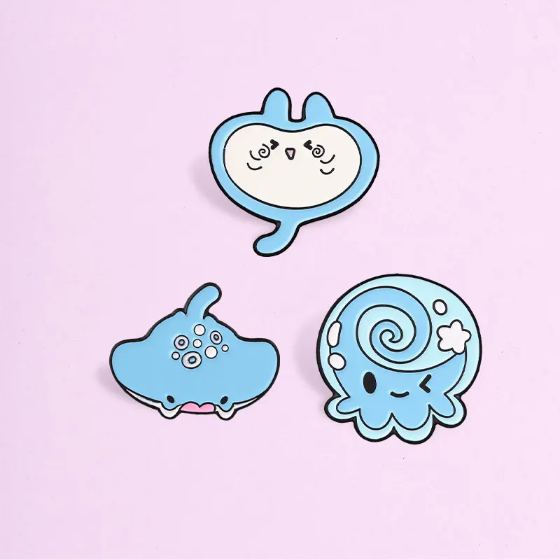 Cute Blue Sea Creature Enamel Badges Octopus Cat Fish Cartoon Pins Kawaii Ocean Animal Brooches Lapel Jewelry Gift For Friends