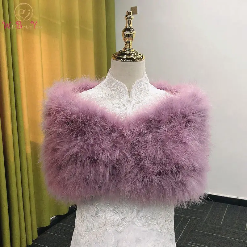 Purple White Faux Fur Wedding Shawl 2024 New Ostrich Feather Bolero Winter Warm Bridal Party Bride Wrap Special Occasion Cape